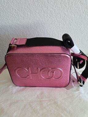 JIMMY CHOO Metallic Pink Camera Crossbody Bag with Embossed Logo